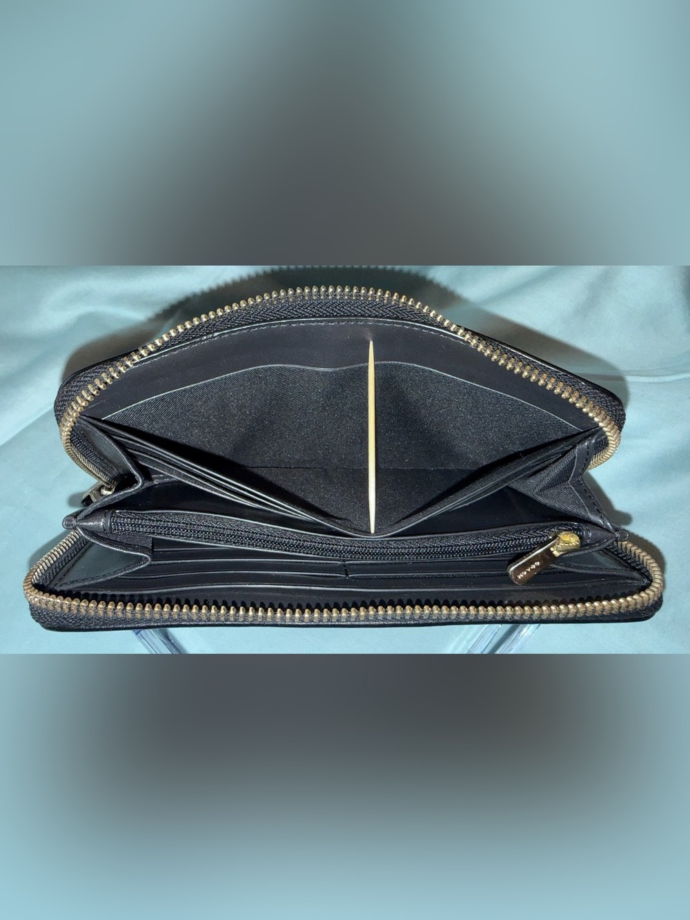 Coach Brown and Black Zip Around Signature Wallet with Gold Color Logo - Picture 7 of 12